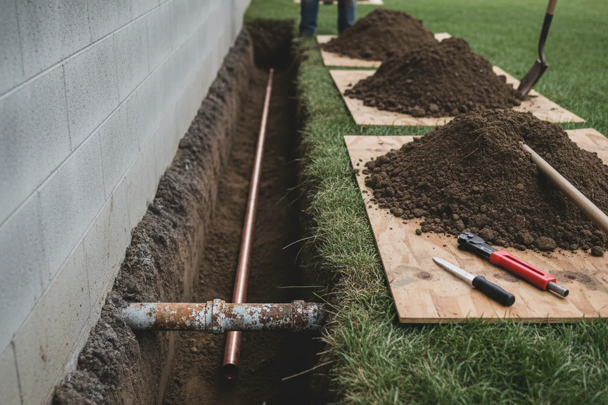 Excavated water line trench during Sewer Line Repair in Beersheba Springs